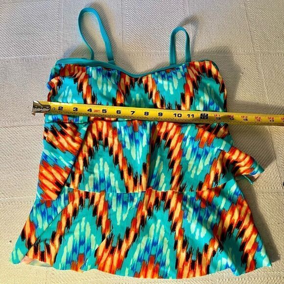 Venus Tankini Swim Top Stretch Ruffle Tiered Aztec Orange Teal Green Women Sz 6. - Picture 6 of 7